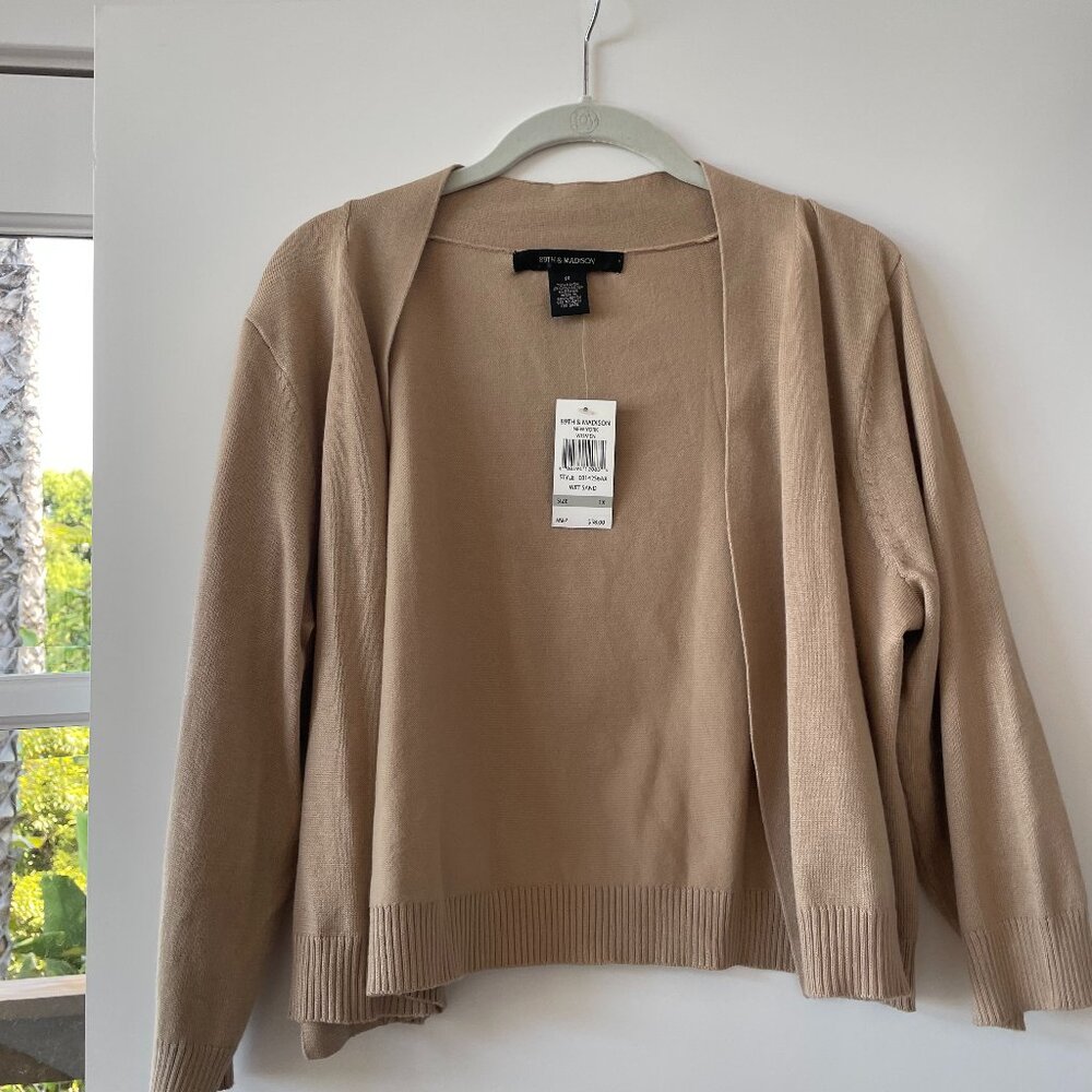 89th & Madison Open Front Cardigan, Boxy Cut, Tan Wet Sand Lightweight, 1X,‎ NWT
